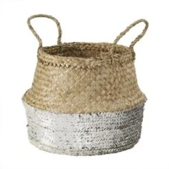 Panier Rond Tressé Jonc De Mer En Sequin Coloris Argent - Casâme