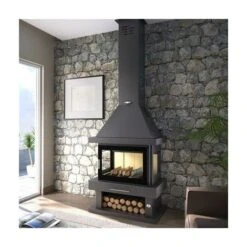 Cheminée à Bois En Acier, 3 Cotés Vitrés, Bûcher Inférieur 15 Kw