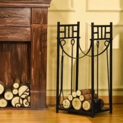 OUTSUNNY Serviteur De Cheminée - Porte Bûches - Range Bûches Multi-accessoires étagère Bûches Et Petits Bois Métal Noir -Ubbink Magasin 41318235 2