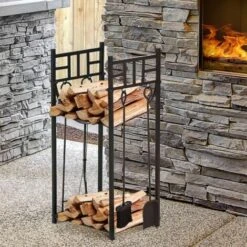 OUTSUNNY Serviteur De Cheminée - Porte Bûches - Range Bûches Multi-accessoires étagère Bûches Et Petits Bois Métal Noir -Ubbink Magasin 41318235 4