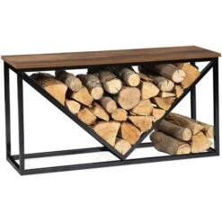 Range Bûches Horizontal DAYTON Acier Noir Plateau Bois Vieilli Pour Cheminée