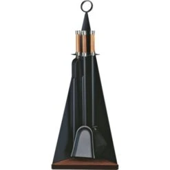 Serviteur De Cheminée 3 Pièces Noir Avec Manche Et Socle En Chêne