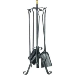 Serviteur De Cheminée 4 Pièces En Fer Forgé Noir Patiné Avec Boule En Laiton