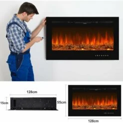 INTEY Cheminée Électrique Chauffante Murale 750/1500W Avec Effet De Flamme 3D,Radiateur Soufflant Murale,2 Niveaux Chauffage-9 Couleur-5 Luminosité-Écran Tactile LED-Minuterie 1-8 H-Télécommande-128x5 -Ubbink Magasin 54820984 2