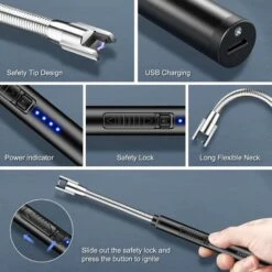 Déstockage Briquet à Arc électrique Rechargeable Par USB Avec Affichage De La Batterie LED Triple Interrupteur De Sécurité, Coupe-vent Sans Flamme, Avec Long Cou Flexible à 360° Pour Barbecue (Noir) -Ubbink Magasin 64108450 3
