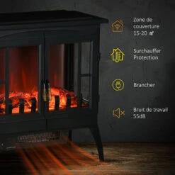 HOMCOM Cheminée électrique Poêle Style Néo-rétro 1000/2000 W LED Luminosité Réglable 2 Portes Verre Trempé Acier ABS Noir -Ubbink Magasin 71058174 5