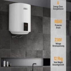 Aquamarin® Chauffe-Eau Électrique - Modèle Eco Et INTELLIGENT, Réservoir Avec Capacité De 30 Litres, Jusqu'à à 75°C, 2 KW, CEE : A - Ballon D'Eau Chaude
