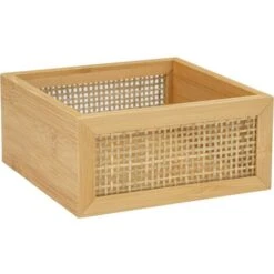 Bac De Rangement Salle De Bain WENKO Modèle Allegre, Rangement Décoratif De Style Bohème En Bambou Et Rotin Tressé, Rangement De Salle De Bain Pour Accessoires De Toilette ,Taille M, DIM 15x7x15 Cm