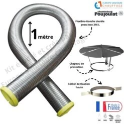 Kit Tubage Flexible Double Peau Inox Diamètre 80 + Collier De Fixation Haute + Chapeau Poujoulat 1 Mètre